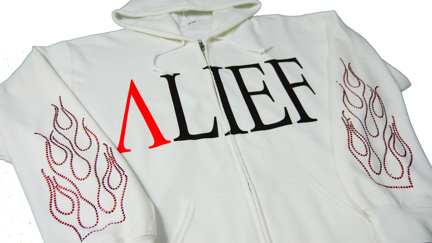 Luxury Alief Hoodie- White/Red Rhinestone